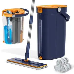 Mop and Bucket Set with Wringer, 3- Flat Mop and Bucket System, Wall Mop Cleaner with Long Handle, Hands Free Mops for Floor Cleaning with 4 Microfiber Pads