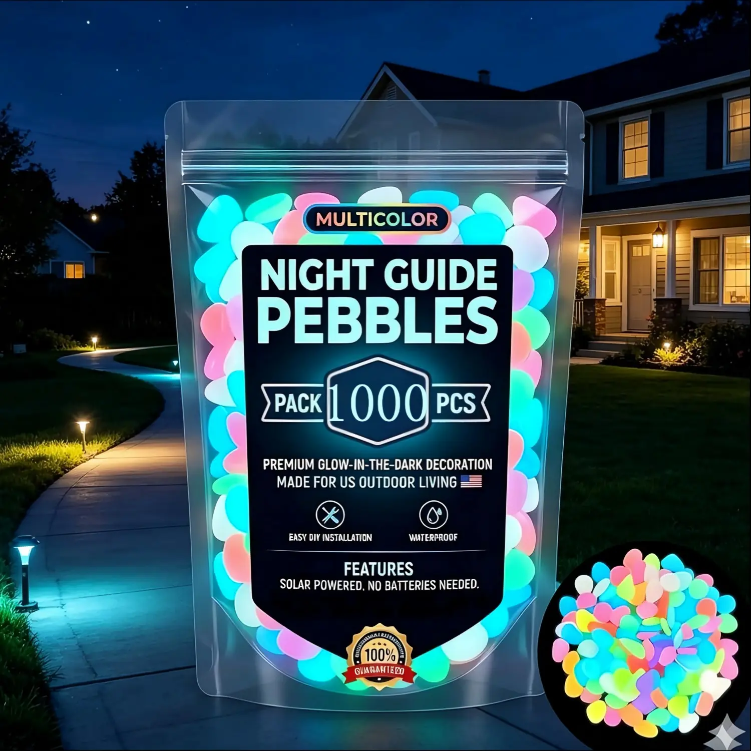 Glow-In-The-Dark Garden Stones, Waterproof Weather-Resistant Decorative Pebbles, Ideal for Pathways, Aquariums, Bonsai, Halloween Decor
