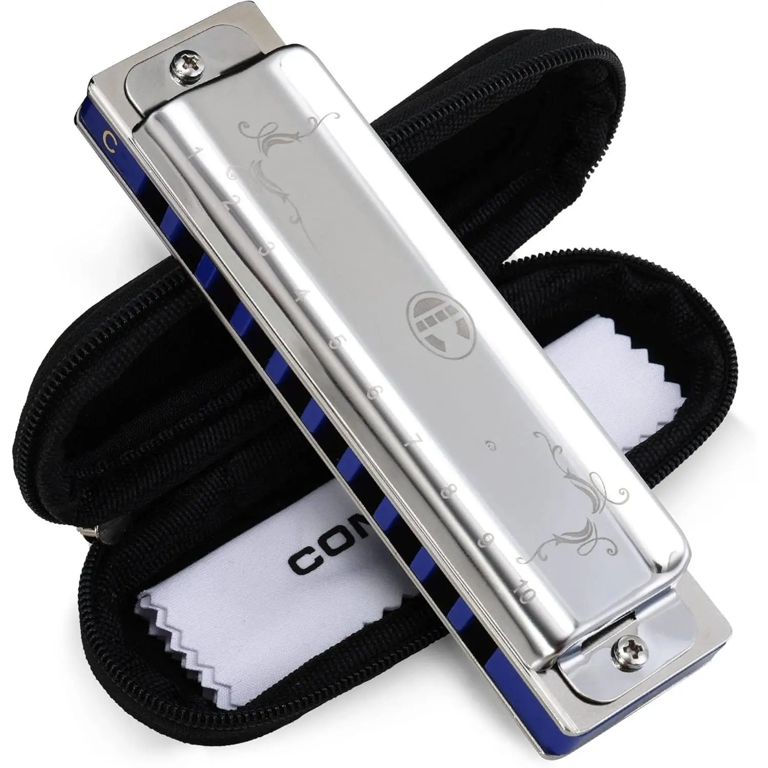 10-Hole Diatonic Blues Harmonica for Adults, Key of A, 1.06 Inch Wide Compact Brass Instrument with Phosphor Bronze Sound Spring, Electroplating Processing Stainless Steel Mouth Organ with Case, Adult, Beginners