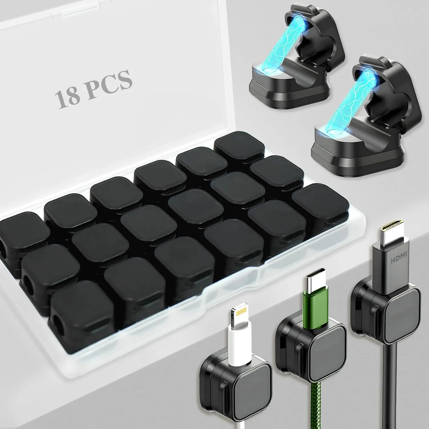18 Pack Cord Organizer Holder,  Clips Management, Easy Adhesive Phone USB Charger Cord Keeper,  Or Organize Desk  for Kitchen, Office, , Nightstand (Black)