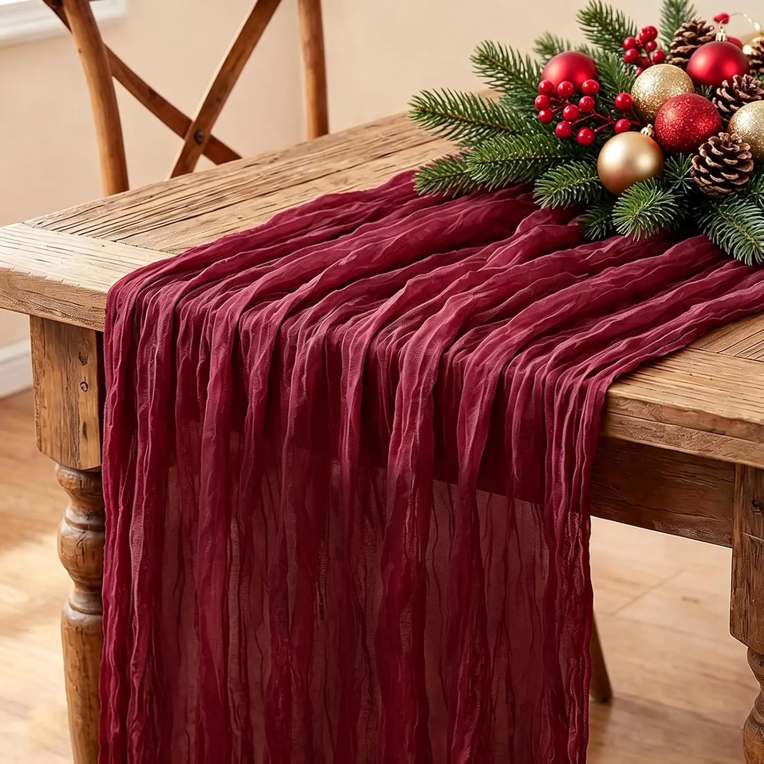 Burgundy Table Runner, 10FT Boho Rustic Burgundy Maroon Table Runner 120inch Cheese Cloth Red Runner for Wedding Christmas Birthday Holiday Party Decorations
