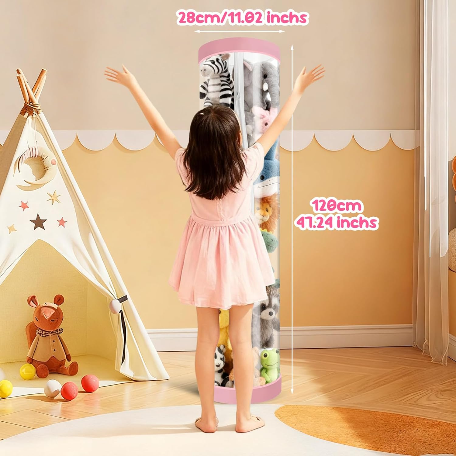 Large Capacity 47x11 Inch Stuffed Animal Storage Tube Toy Organizer with Zipper Easy Assembly Space Saving Plush Toy Holder for Playroom