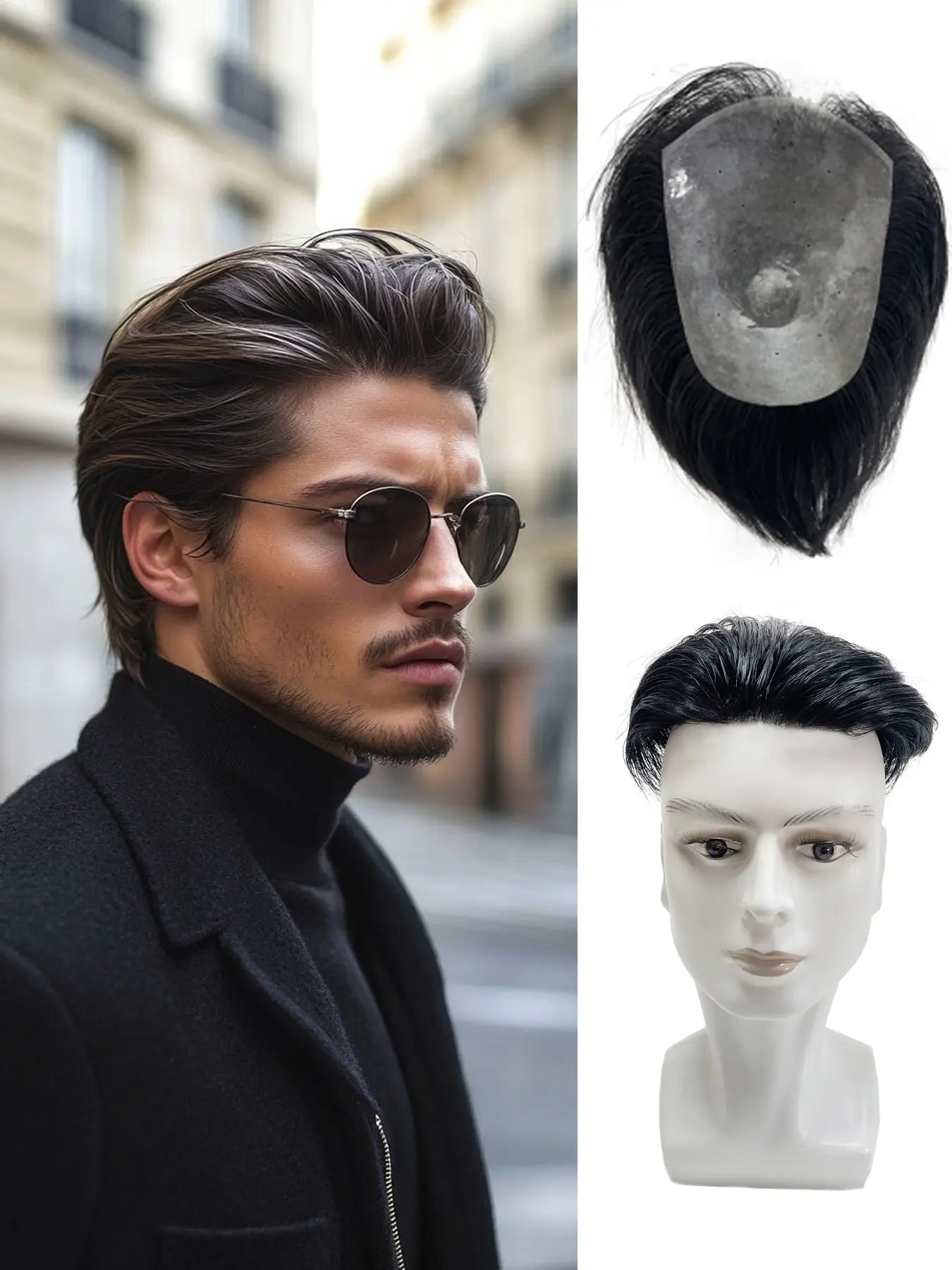 Full PU Thin Skin Hair System Man Toupee, Super Natural Knotless V Looped Style For Men, 4 Inch Pre-Styled Slicked Back Black Straight Human Hair Wig, Natural Wigs, Natural Looking Wigs, 0.06mm Thin Skin PU Men's Capillary Prosthesis, Tranparent Base