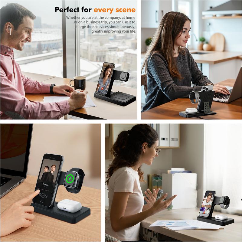 15W MagSafe 3-in-1 Fast Wireless Charging Station |   Portable Foldable Design for 15 14 13 12 11 Series, Apple Watch 9/8/7/SE, AirPods 3/2/Pro |   Multi-Device Charger for Android Phones & Cards