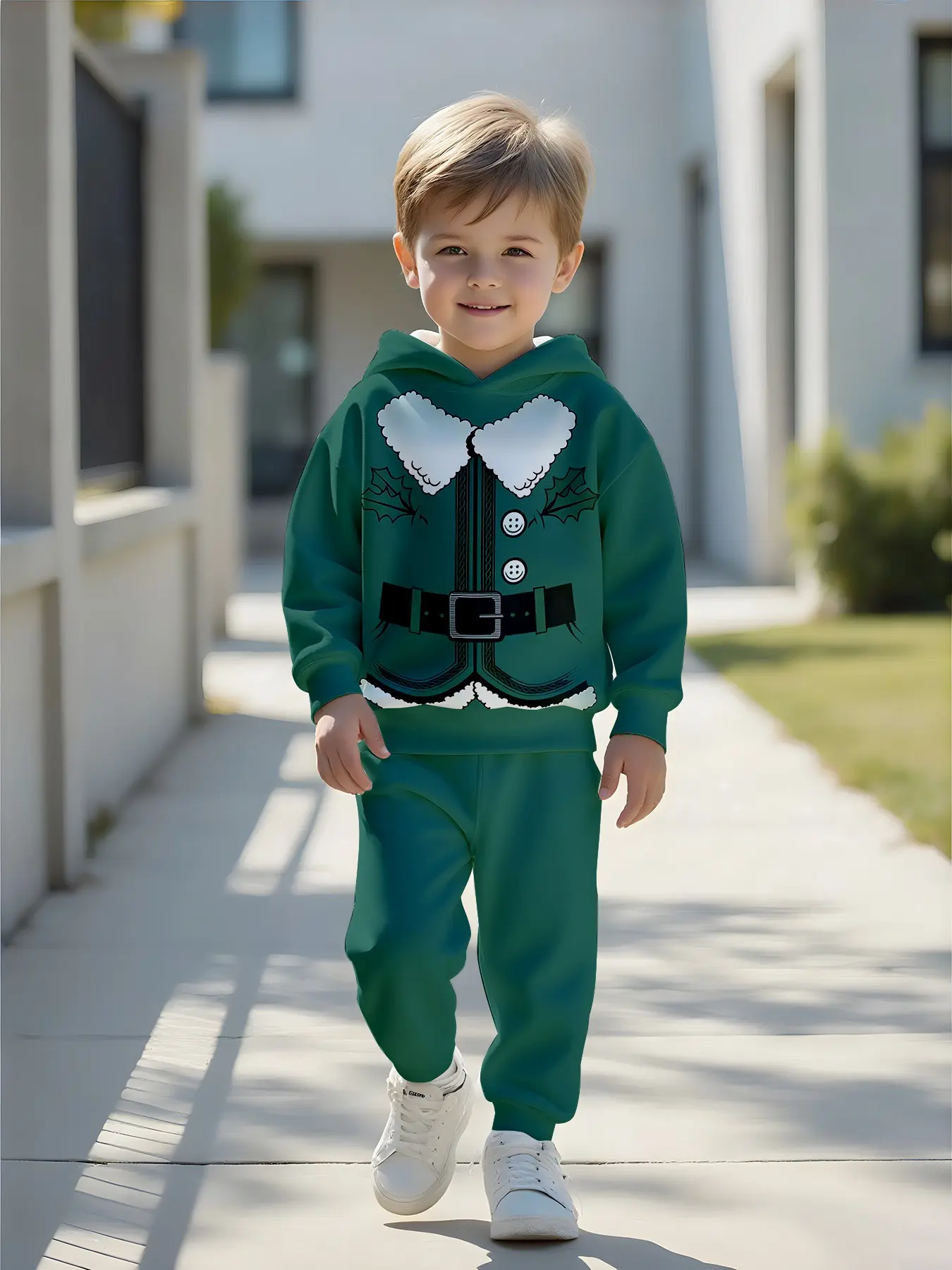 Boys' Christmas Elf Costume Set, Fitted All over Print Suit, Fall & Winter Casual Wear, Birthday & Holiday Gift, Ages 1-14