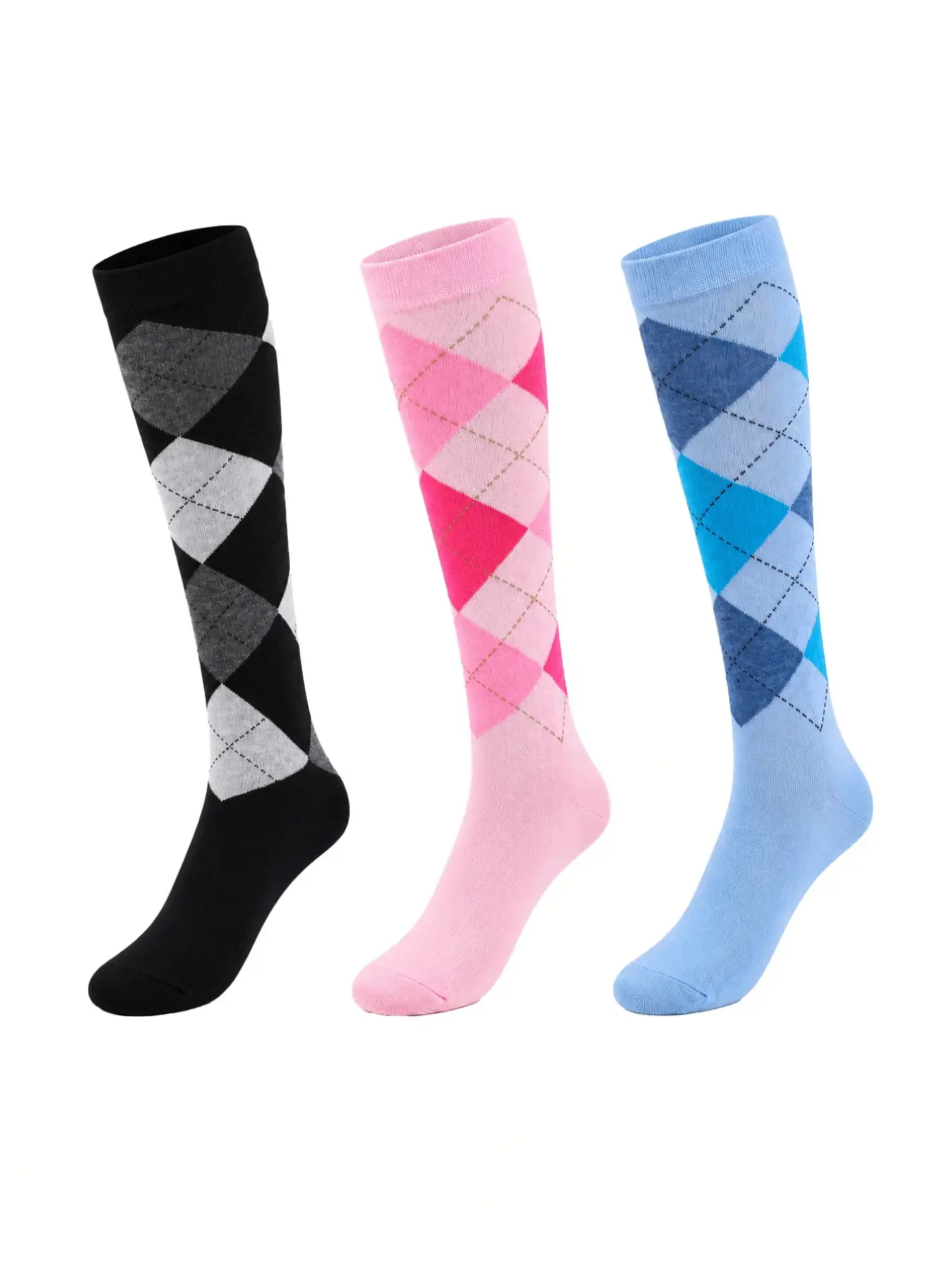 3 Pairs Argyle Knee-High Socks for Women & Girls Calf Soft Vintage Over the Calf Tube Style Socks for Uniform Casual Athletic Sneakers Boots