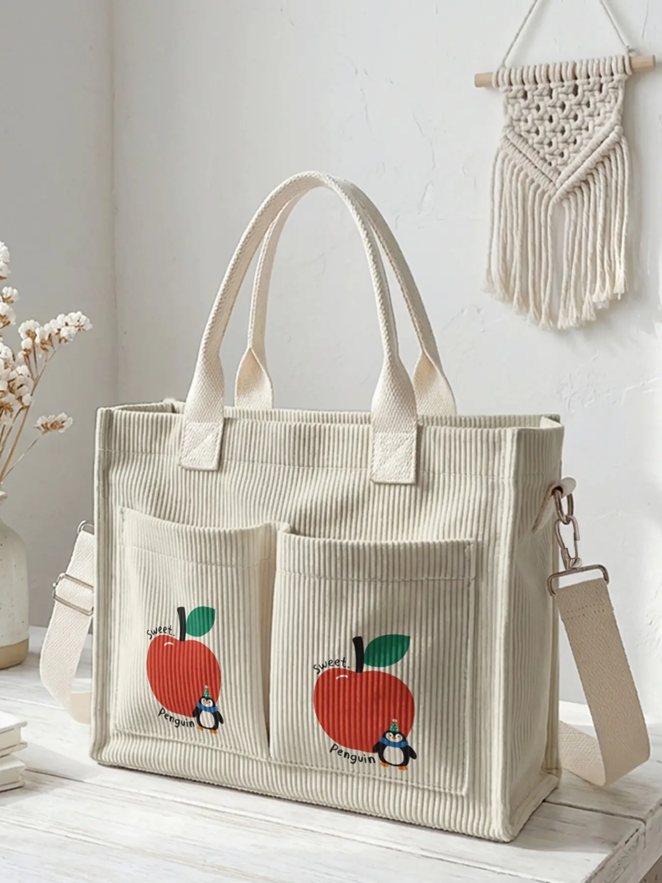 Cartoon Red Apple and Little Penguin 2D Print Spacious, sturdy storage bag with multiple pockets, ideal for work, shopping and outings.