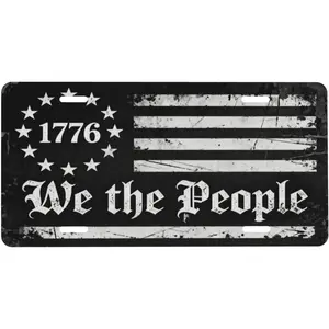 We the People Black White American Flag Front License Plate 6x12 – Constitution Bill of Rights Vanity Tag for Car Truck SUV – Patriotic Metal Cover with 4 Holes