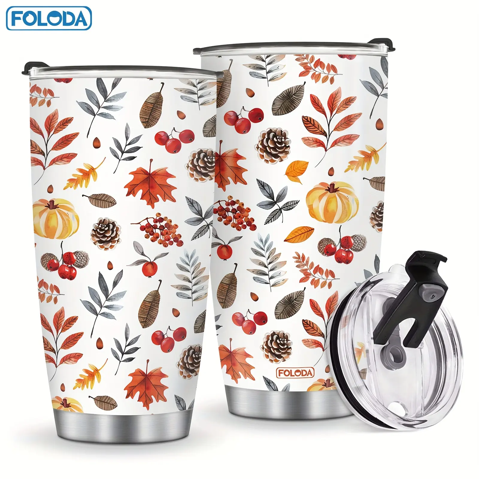 Foloda 20oz Fall Harvest Thanksgiving Tumbler with Lid - Maple Leaf, Pumpkin, Nut Design - Stainless Steel - Perfect Size for Travel, Coffee, Tea - Hand Wash Only - - Reusable