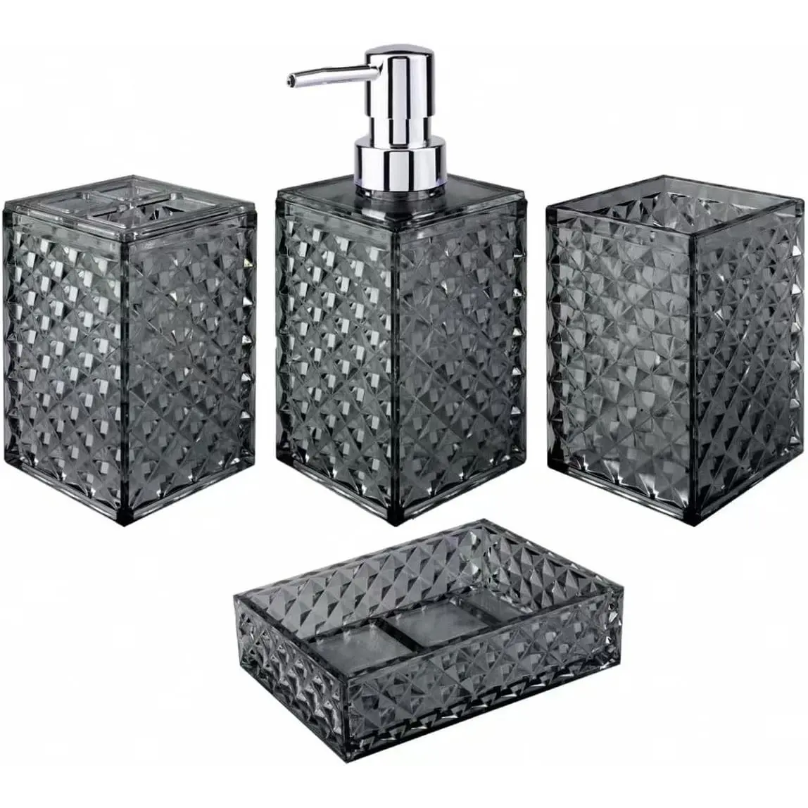 Grey Grid Pattern 4-Piece Stainless Steel Bathroom Accessory Set - Hand Soap Dispenser, Soap Dish, Toothbrush Holder, Mouthwash Cup, Modern Space-Saving Decor, Ideal Gift, Four Pieces