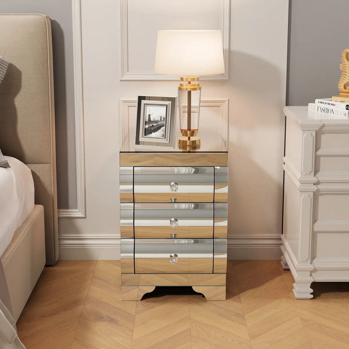 Silver Baked Curved Mirror 3-Drawer Glass Bedside Table - Nightstand Chest of Drawers for Bedroom Small Spaces, End Table for Living Room - Modern Indoor Furniture