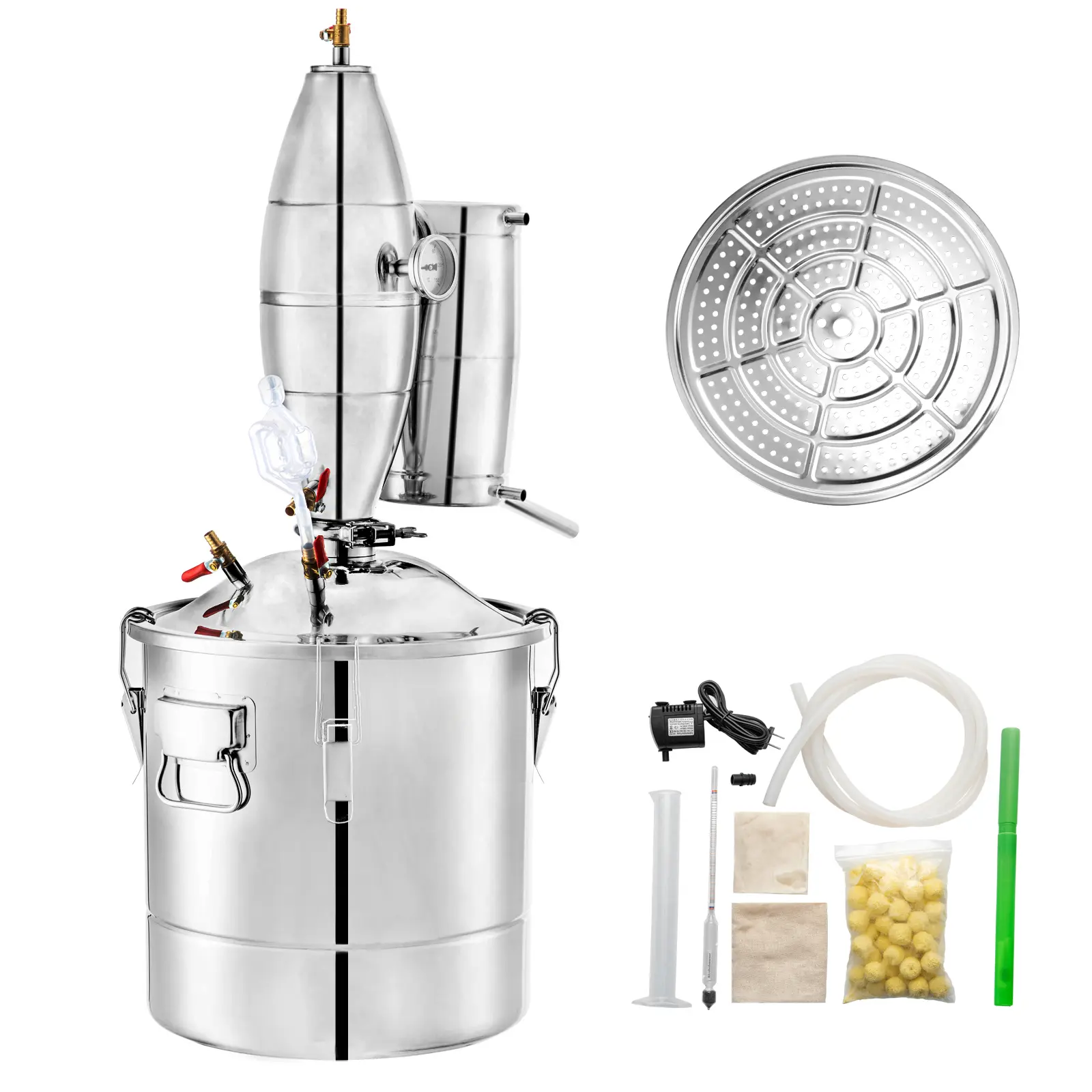 70L 18.5Gal Water Alcohol Distiller 304 Stainless Steel Alcohol Still Wine Making Boiler Home Kit with Thermometer for Whiskey Brandy Essential, Silver