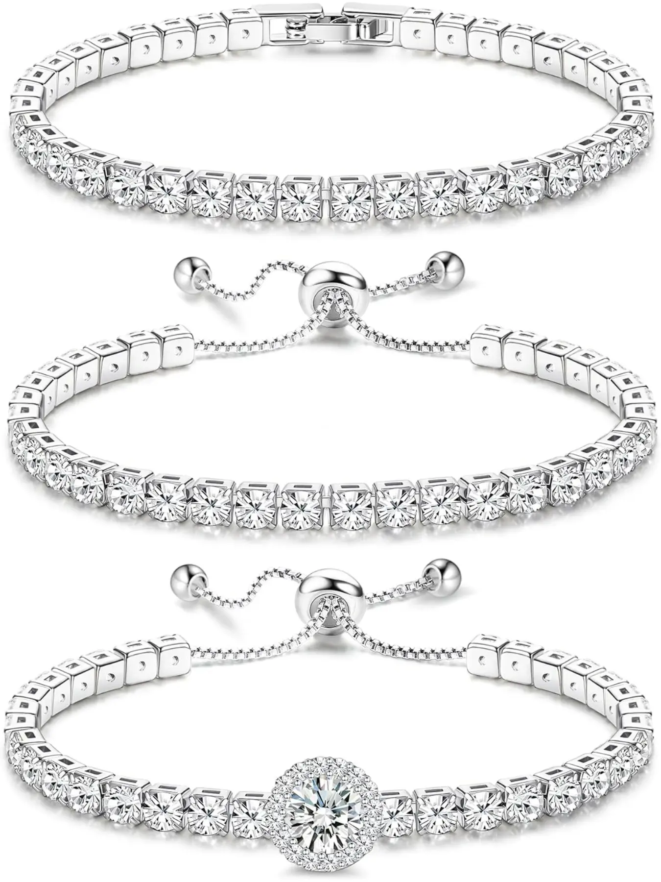 3Pcs Silver Tennis Bracelets For Women Diamond Bracelets Jewelry | Silver Bracelet Stack Cubic Zirconia CZ Adjustable Stackable Bracelets Set For Prom Wedding Gift