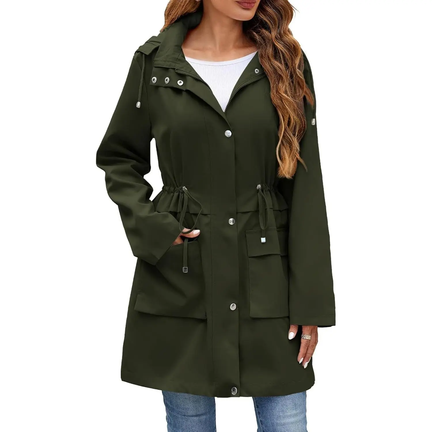 Womens Rain Jacket with Hood, Long Rain Coat for Women Waterproof Trench Coat Lined Windbreaker Fall Jacket