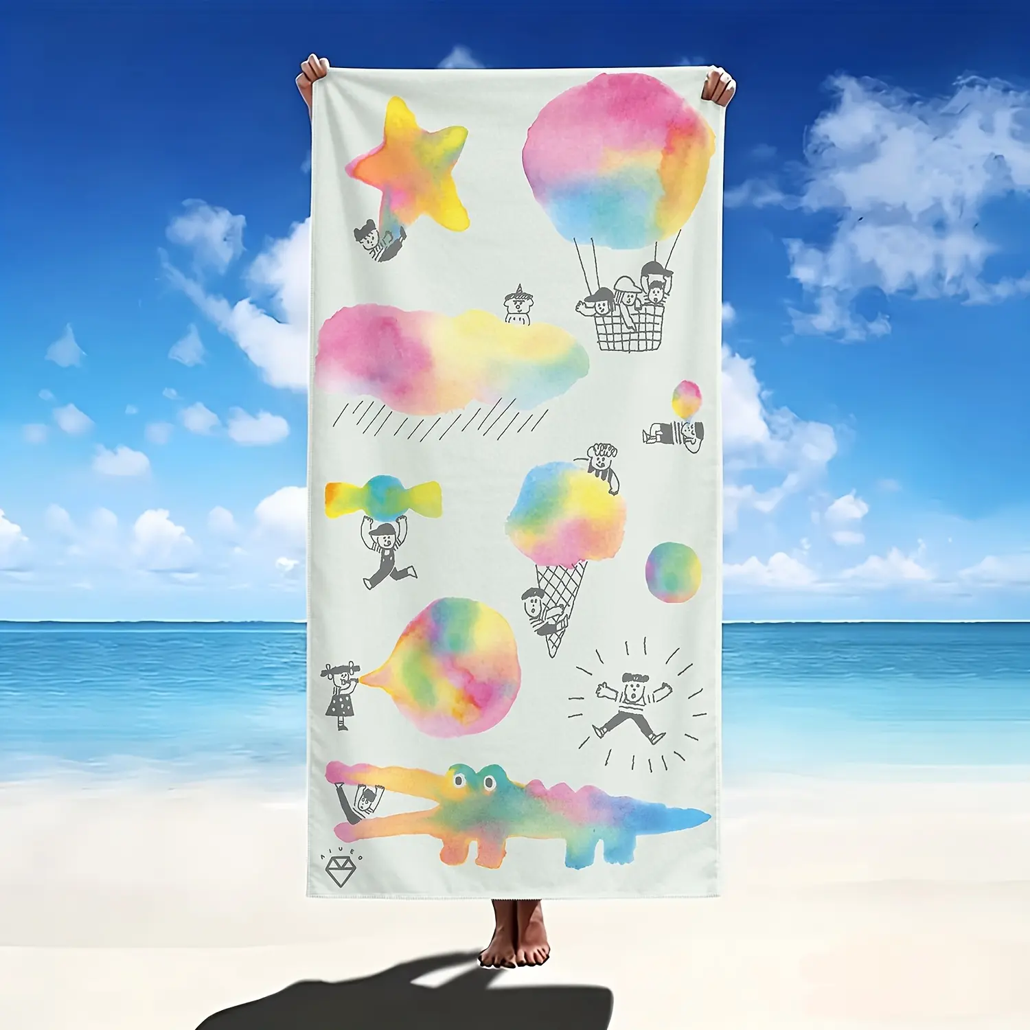 1pc, Watercolor Style Monkey + Crocodile + Hot Air Balloon Element Soft Beach Towel, Watercolor Smudge Monkey Crocodile Hot Air Balloon Print, Suitable for the Beach, Microfiber Bath Towel, Quick-Drying and Super Absorbent, Suitable for Poolside