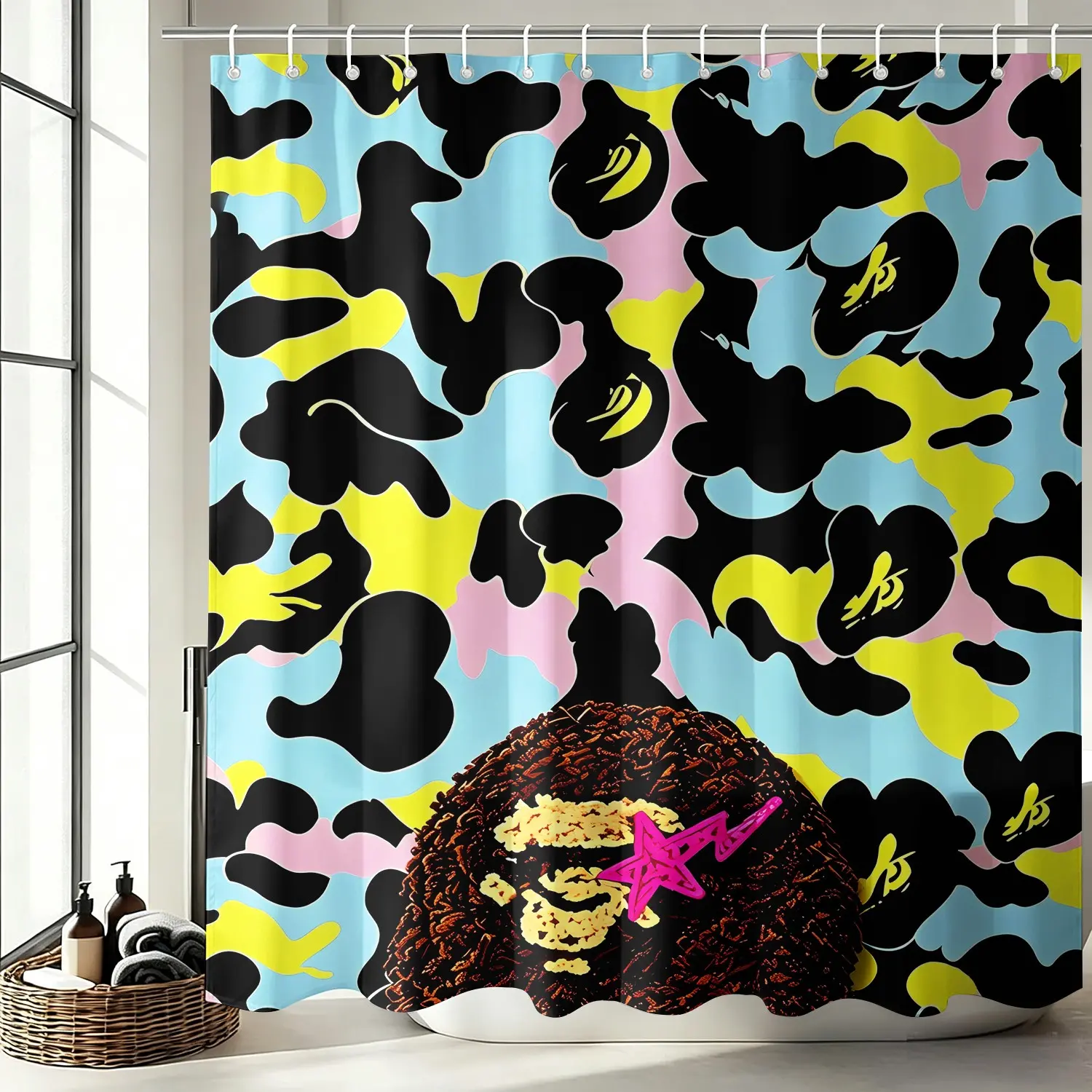 Pastel Blue Pink Yellow Camo Ape Head Shower Curtain for Streetwear Apartment Decor, Colorful Camouflage Monkey Waterproof Fabric, Mold Resistant Quick Dry Bathroom Curtain with 12 Hooks & Rustproof Grommets 72x72 Inch