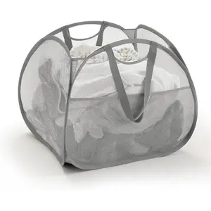 Collapsible Mesh Pop Up Laundry Hamper with Strong Handles, Large Opening with Side Pockets, 90L Large Capacity Storage Basket for Dorm, Laundry Room, Bathroom or Travel (Grey)