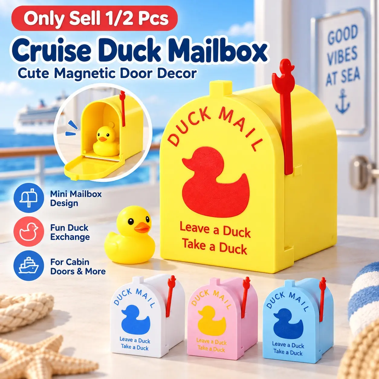 1/2 PCS Cruise Duck Mailbox, Cute Magnetic Mini Mailbox Set with Yellow Duck Figurines, Wall-Mount Hanging Decoration for Cruise Cabin Door, Refrigerator, Home, Office and Duck Exchange Activities