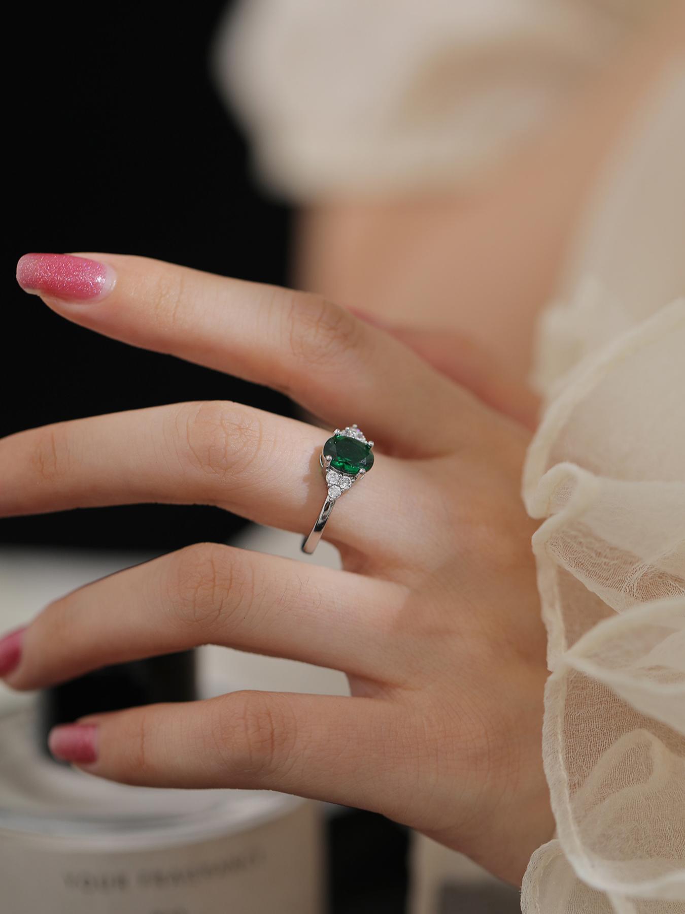 S925 Sterling Silver Oval Shaped Green Artificial Zircon Decor Ring, Elegant Bridal Engagement Ring for Women, Trendy All-match & Exquisite Jewelry for Birthday Gift