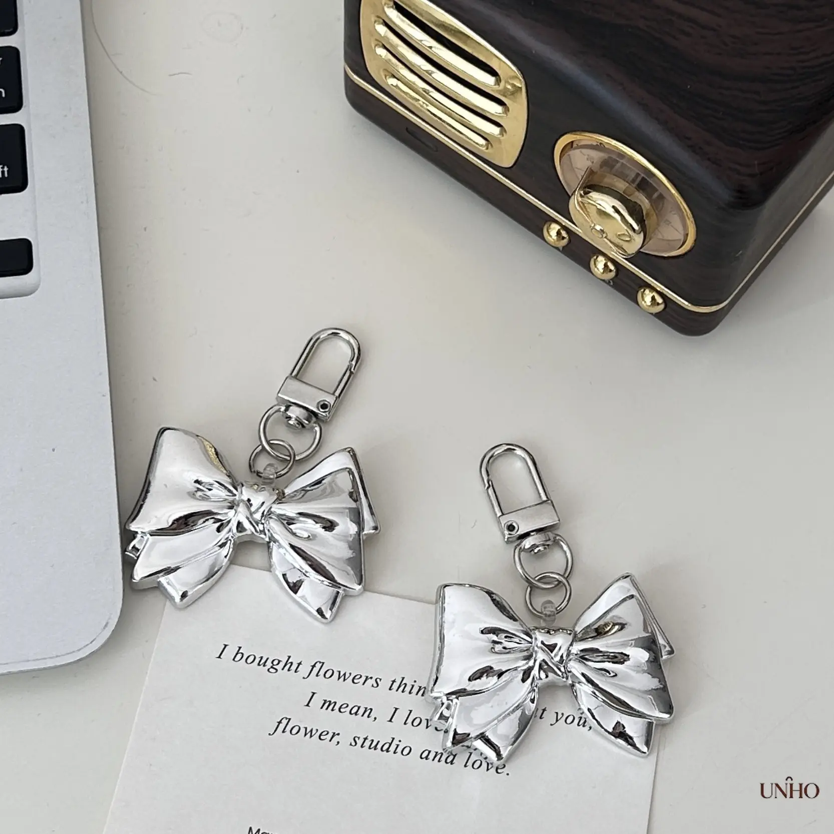 Chic Metallic Silver Bow Keychain, Unique Design Bag Charm Ornament, Sweet Exquisite Small Gift For Besties And Young Girls