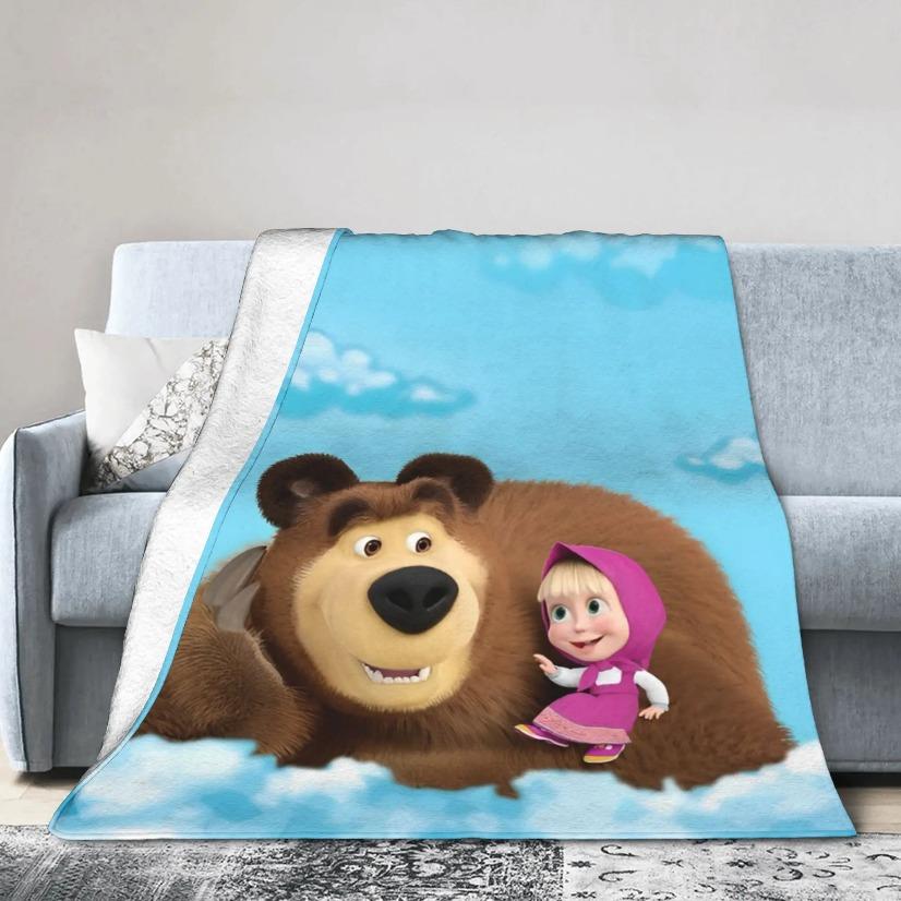 Masha And The Bear Kawaii Blanket Ultra Soft Flannel Fleece Cozy Warm Fluffy Bedroom Couch Sofa Throw Bedding Decor Decorative Throw Perfect Birthday Gift Christmas Gift for Kids Adults Viral Trending Cute Russian Cartoon Aesthetic Style