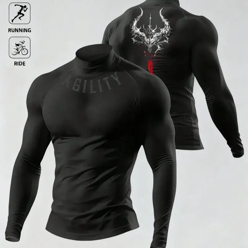 Men's Casual Breathable Sporty Fitted Long Sleeve Sports T-Shirt, Compression Top with Turtle Neck Design, Fitness Long Sleeve Shirt, Athletic Tee, Dry Fit Shirts, Dry Fit Performance