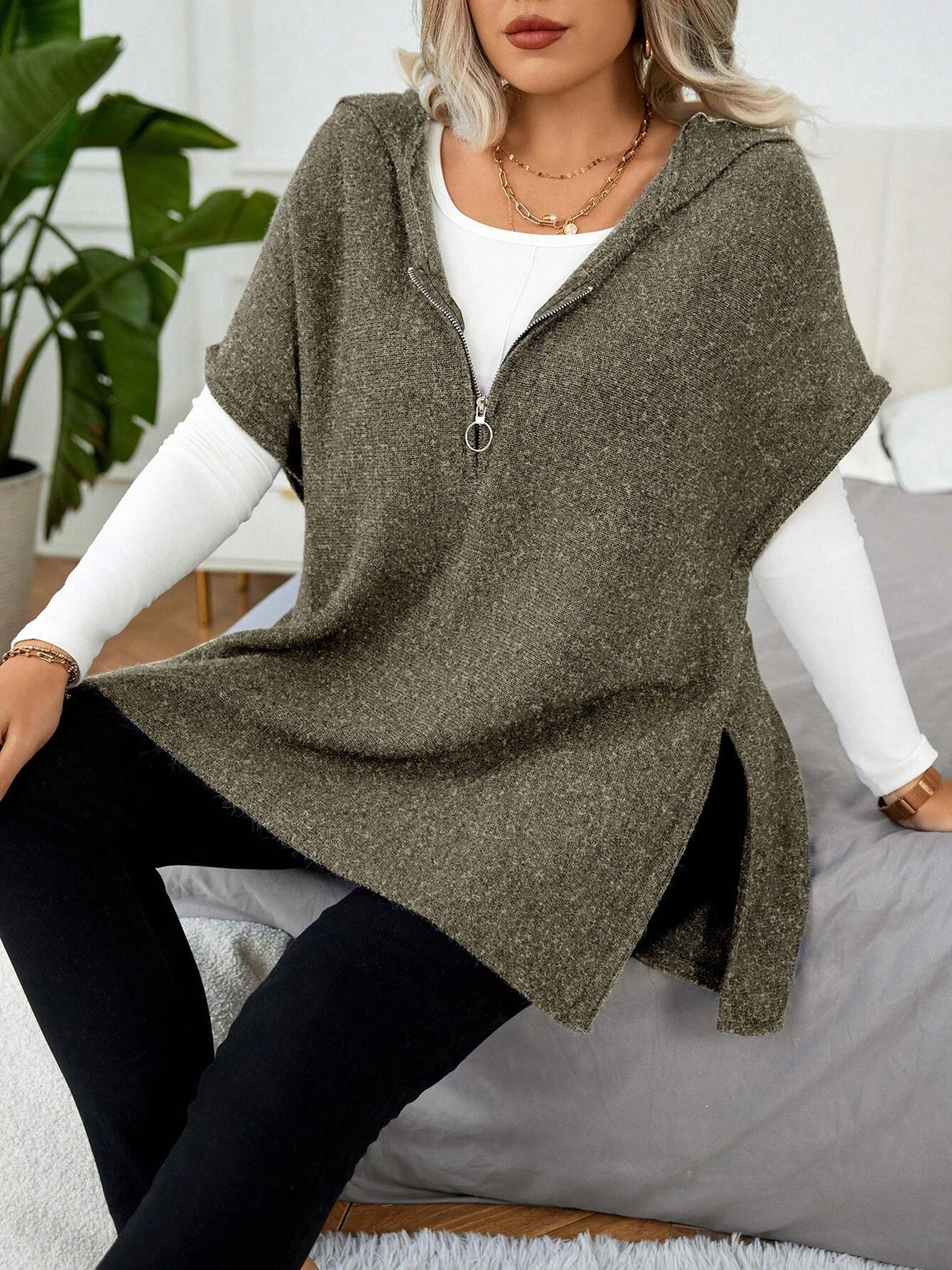 【Plus Size】 Women's Solid Half Zip Up Hooded Sweater, Casual Split Hem Jumper for Spring & Fall, Fashion Women's Knitwear for Daily Wear