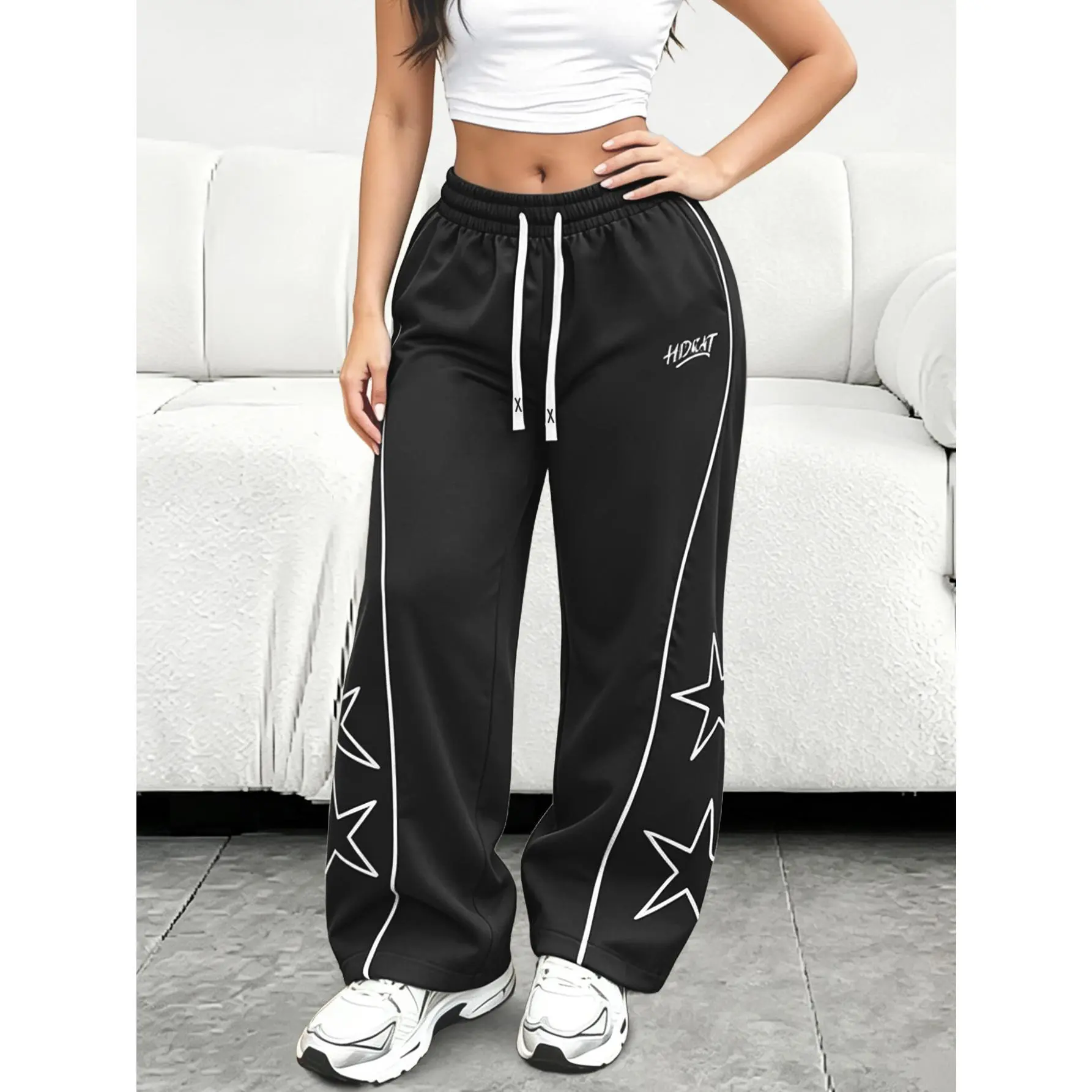 Women’s wide-leg pants with star print | Y2K letter graphic pants with a loose fit, black casual pants for spring and summer streetwear and everyday OOTD