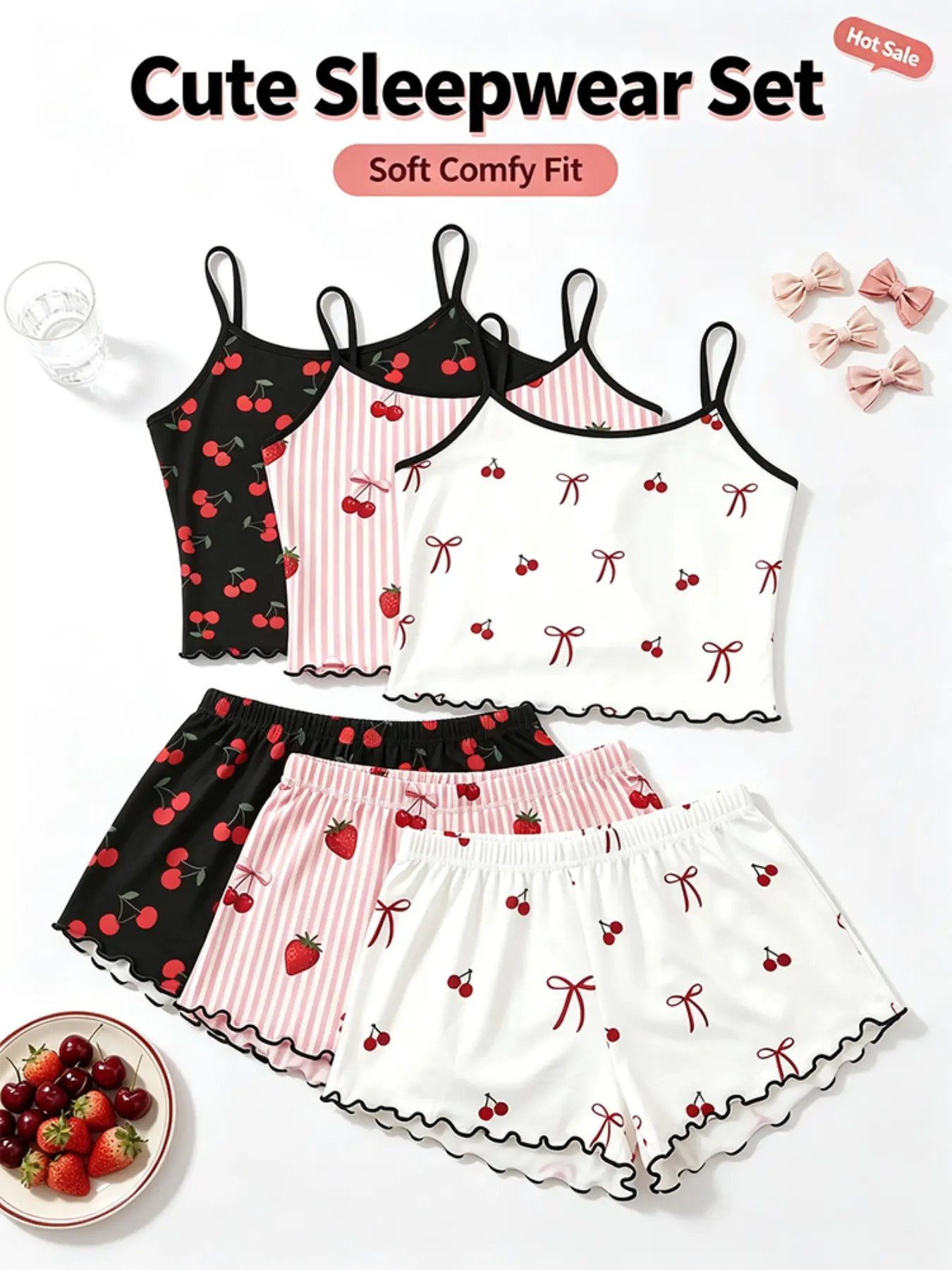 6-Piece Women's Sleepwear Set, Boho Style, Sleeveless Camisole, Contrast Binding, Soft Polyester, Summer Pajamas, Home Wear