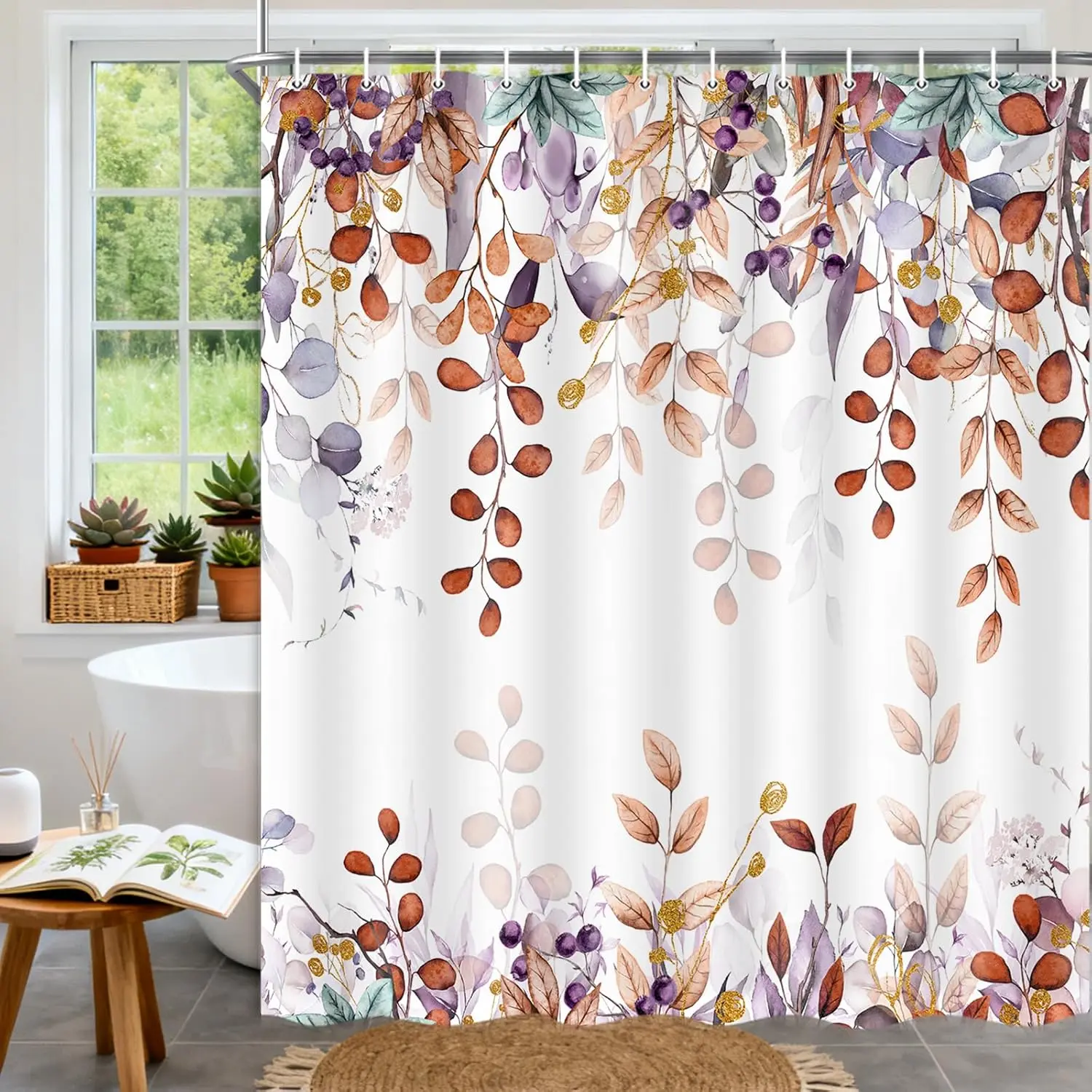Orange Eucalyptus Shower Curtain, Watercolor Plants Foliage Floral Terracotta Bathroom Curtains, Vintage Botanical Leaves Waterproof Fabric Cloth Shower Curtain with Hooks