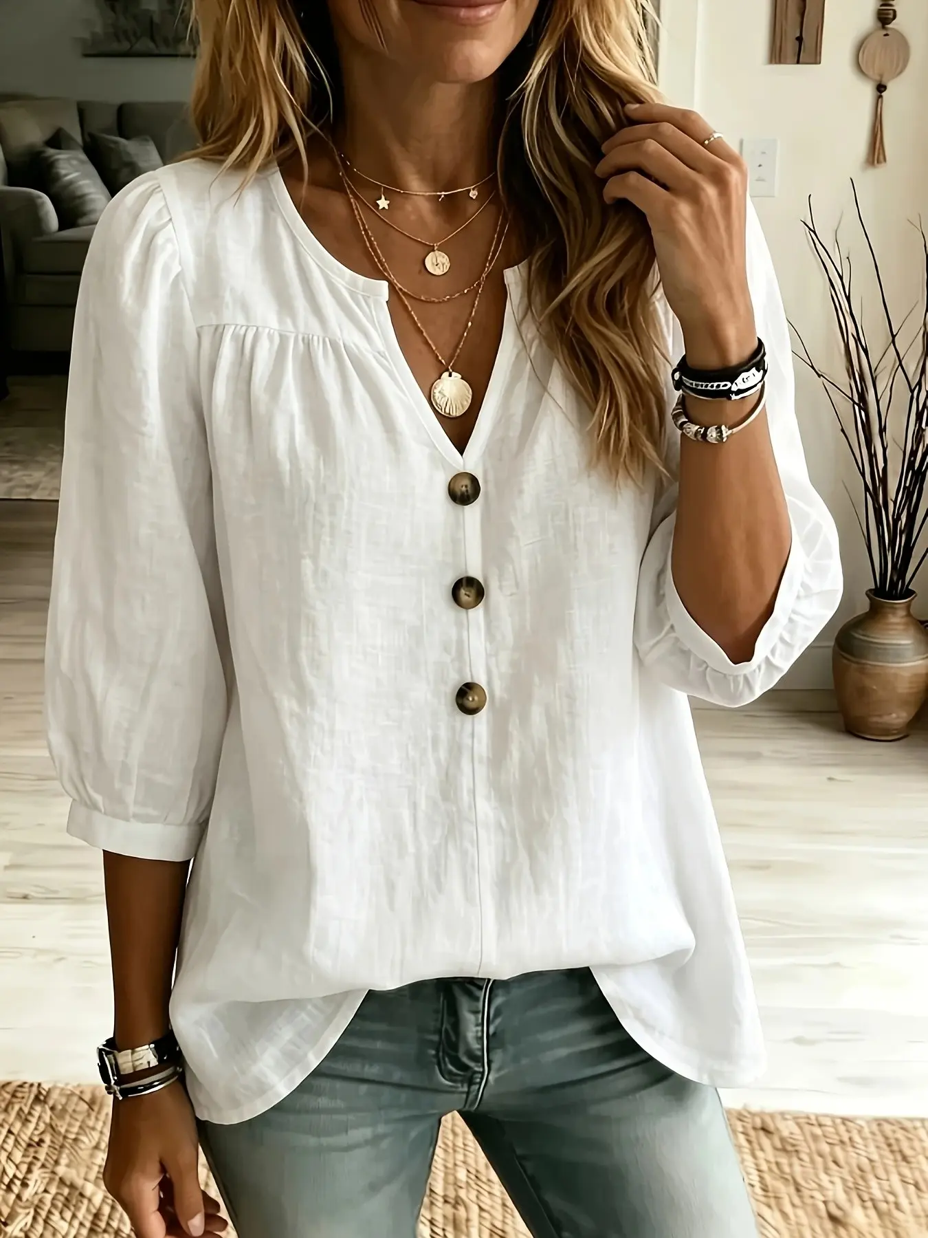 Elegant Women's Literary Style Shirt Blouses, Loose Fit V Neck Lantern Sleeve, Single Button Design, Breathable Fabric, Casual Daily Wear