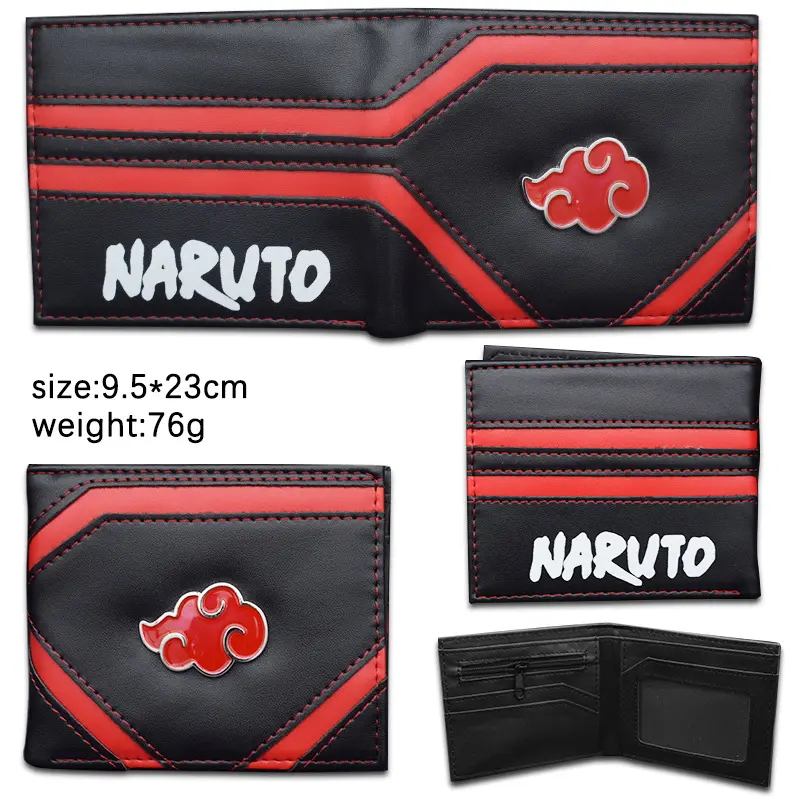 Naruto Shippuden Konoha Leaf Village Metal Plate Bifold Wallet PU Leather Anime Purse Multi Card Slots Zipper Coin Pocket Portable Money Bag Gift for Anime Fans Boys Teenagers