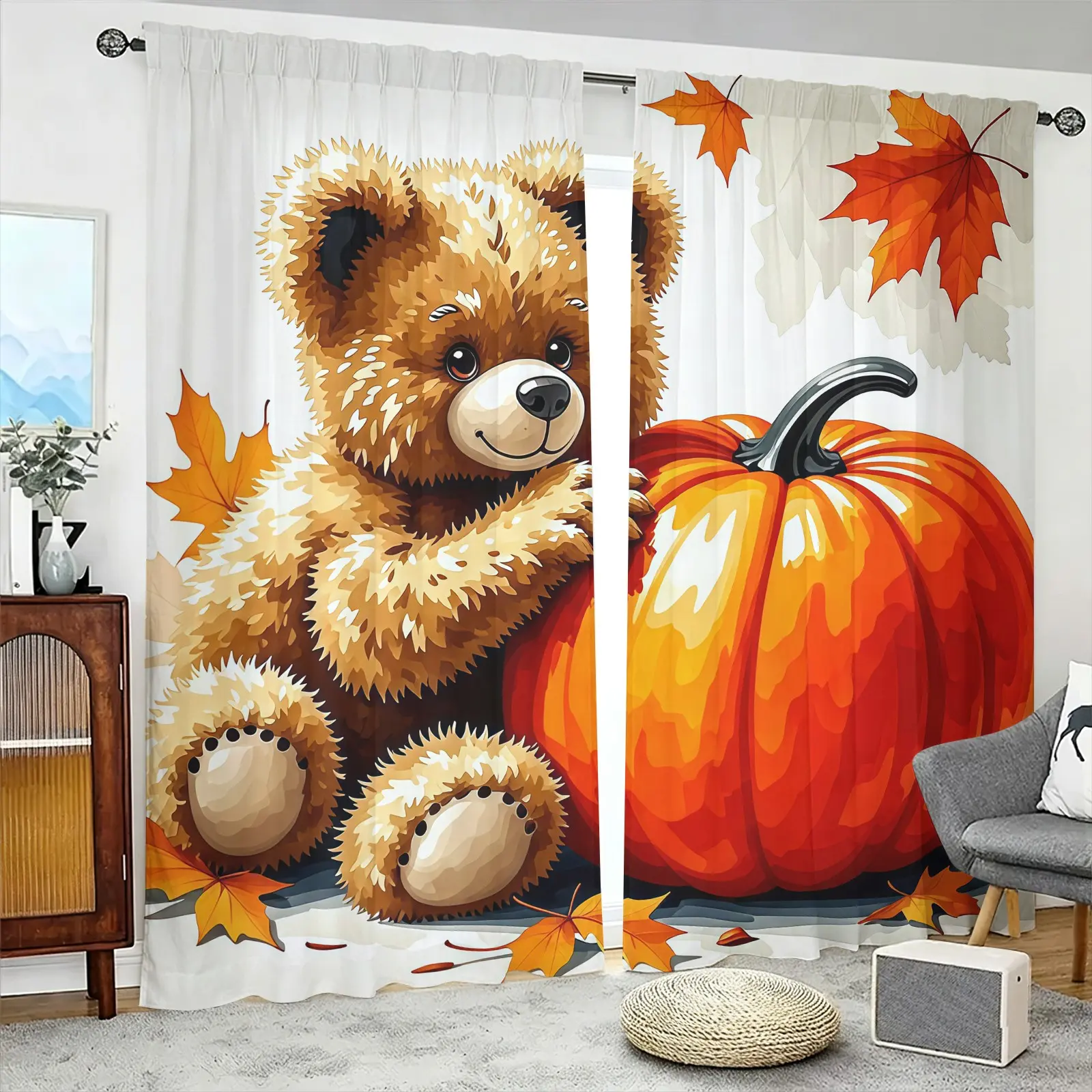 Bear Pattern Brushed Fabric Semi-Blackout Curtains, 2-Piece Pack, Suitable For Living Room, Balcony And Bedroom, Perfect Home Season Holiday Room Decoration