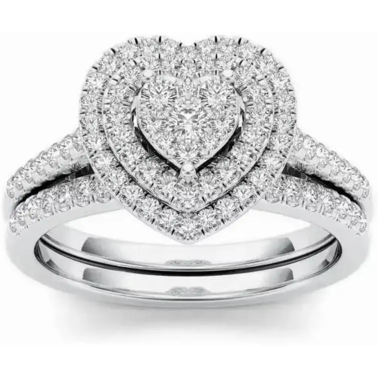 Heart Shaped Cubic Zirconia Ring Set Double Halo Pave Stackable Promise Wedding Bands Elegant Fashion Jewelry Gift for Women Engagement Proposal