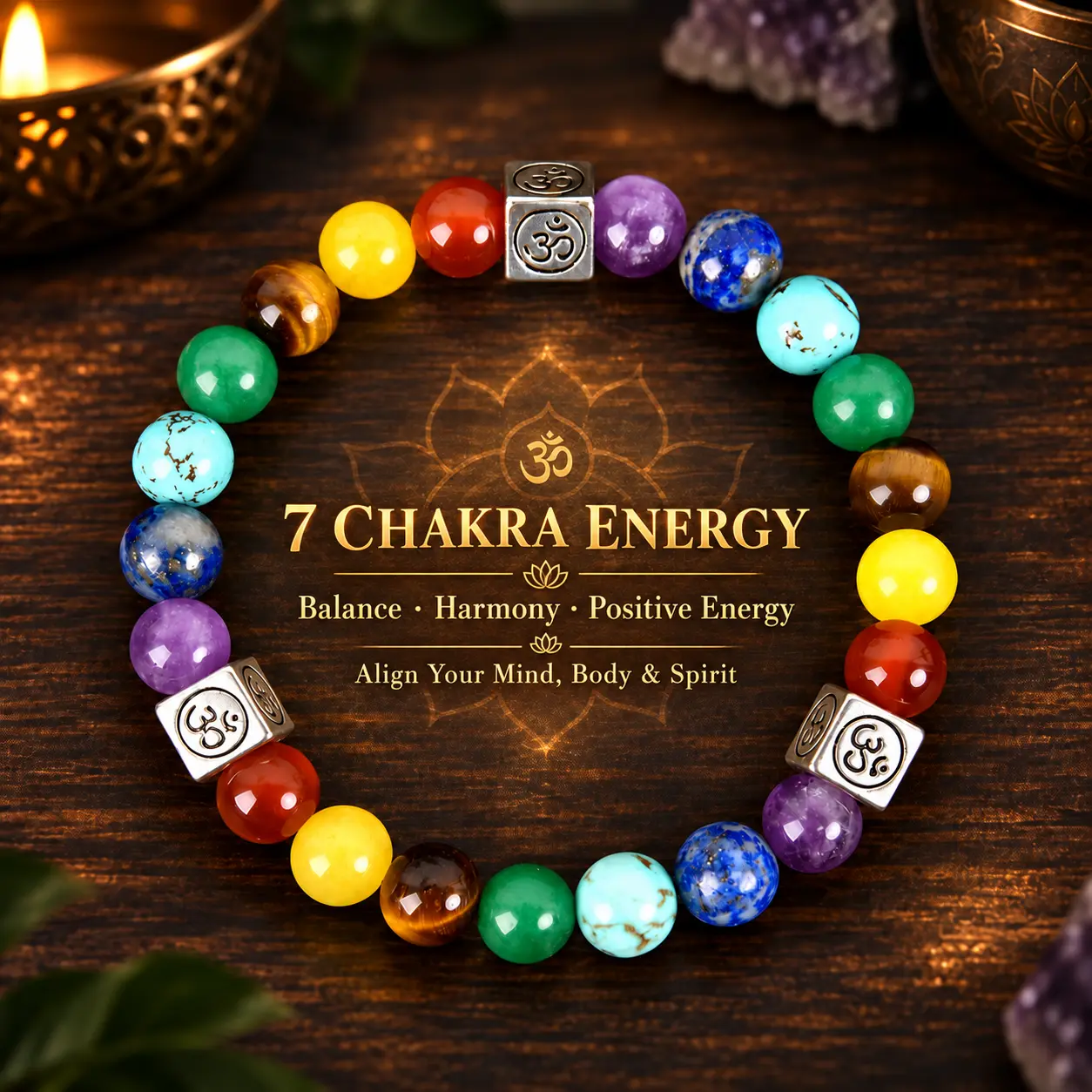 Arpurraina Non-Natural 7 Chakra Crystal Beaded Bracelet, 15-20cm OM Spiritual Jewelry, Unisex Healing Accessory for Meditation & Chakra Alignment