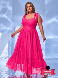 【plus size】tie shoulder mesh overlay party dress, elegant comfortable long dress for birthday party prom wedding guest, women's summer clothes, womenswear