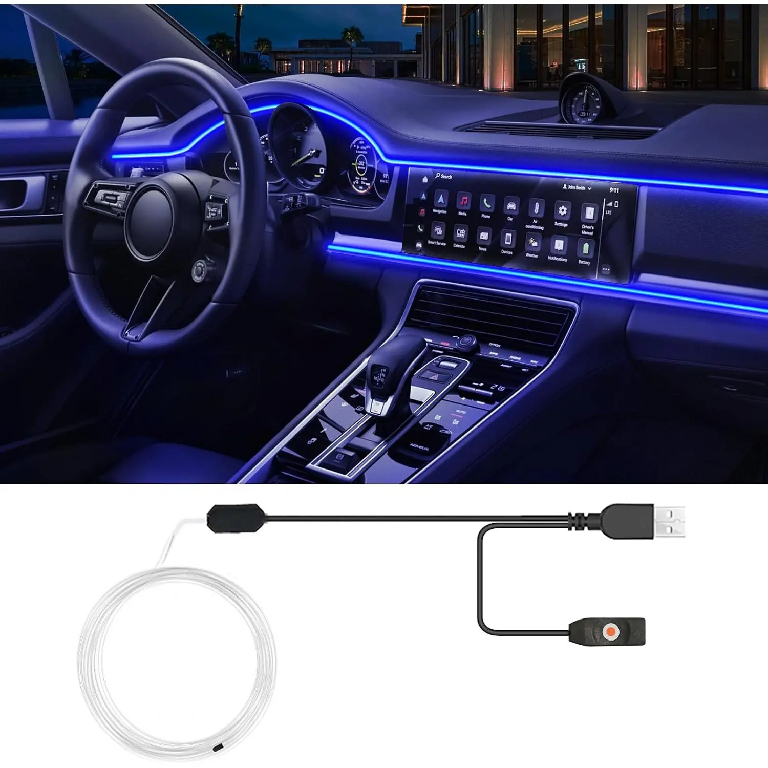 USB  LED Lights, Interior  Lights Strip 7 Colors Ambient Lighting with 118 inches Fiber Optic  Sync Simple Installation EL Wire Lights (7 Colors/118 inches)