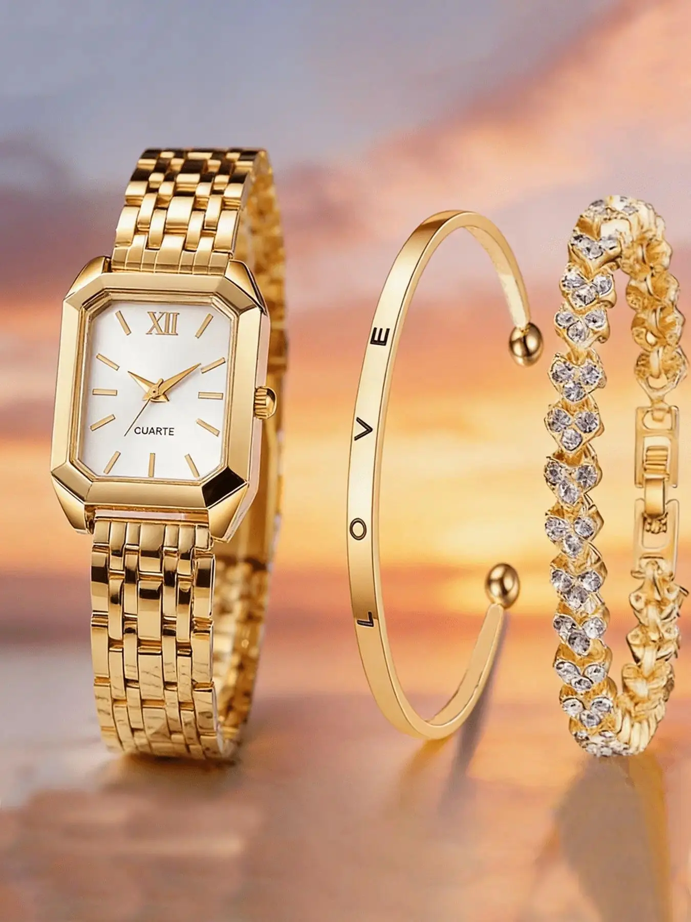 3-Piece Set Women's Watch and Bracelet Set, rectangular watch and bracelet set, quartz analog watch accessory combination, Analogue quartz watch, Versatile Wristwatch Set
