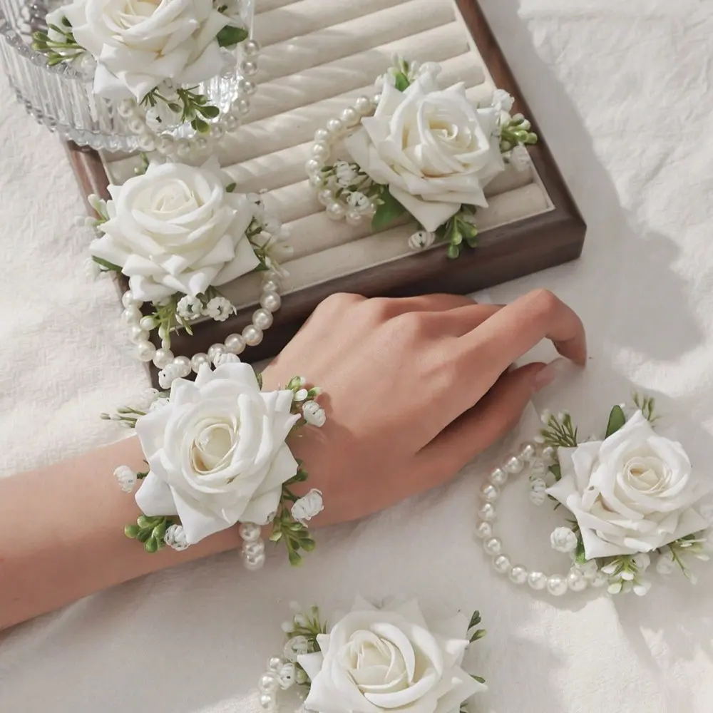 6pcs Elegant Fabric Rose Wrist Flower Set, Suitable for Weddings, Engagements - Artificial Rose Floral Additions, Ideal for Bride, Groom, Bridal Shower, Prom - Spring Fall Theme, Perfect for Thanksgiving, Valentine'S Day