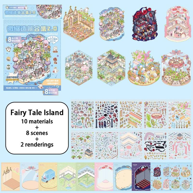 Christmas Gift,minature house kit,3D DIY Miniature World Set, Scene Card Paper, Stickers, and Background Cards, Decorative Sticker Album, Gift Packaging Set, 3D Cartoon House DIY Landscape Decoration Sticker Book, Sticker Packs