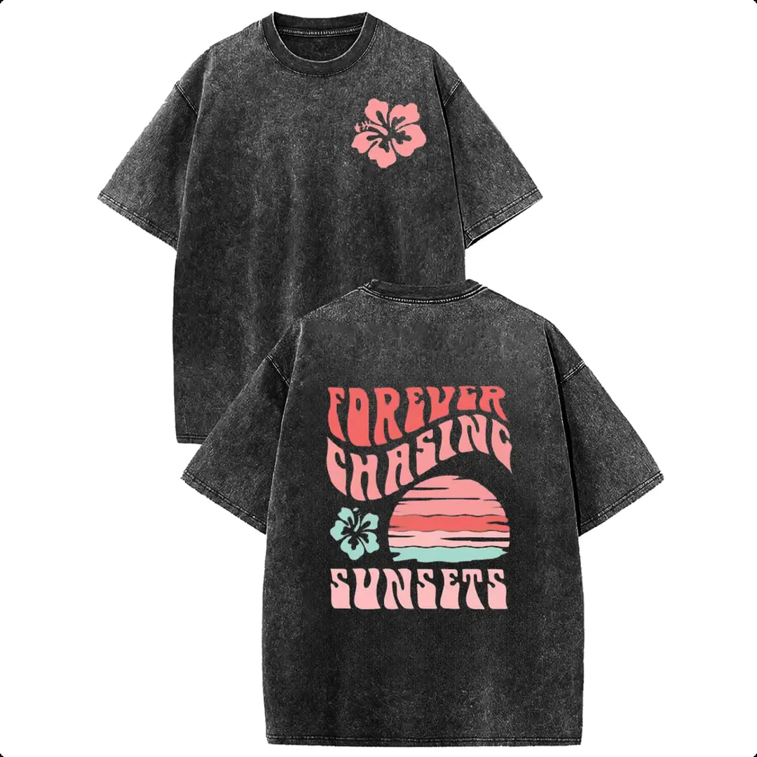 Forever Chasing Sunsets T Shirt Retro Floral Sunset Graphic Tee Unisex Oversized Vacation Streetwear Shirt