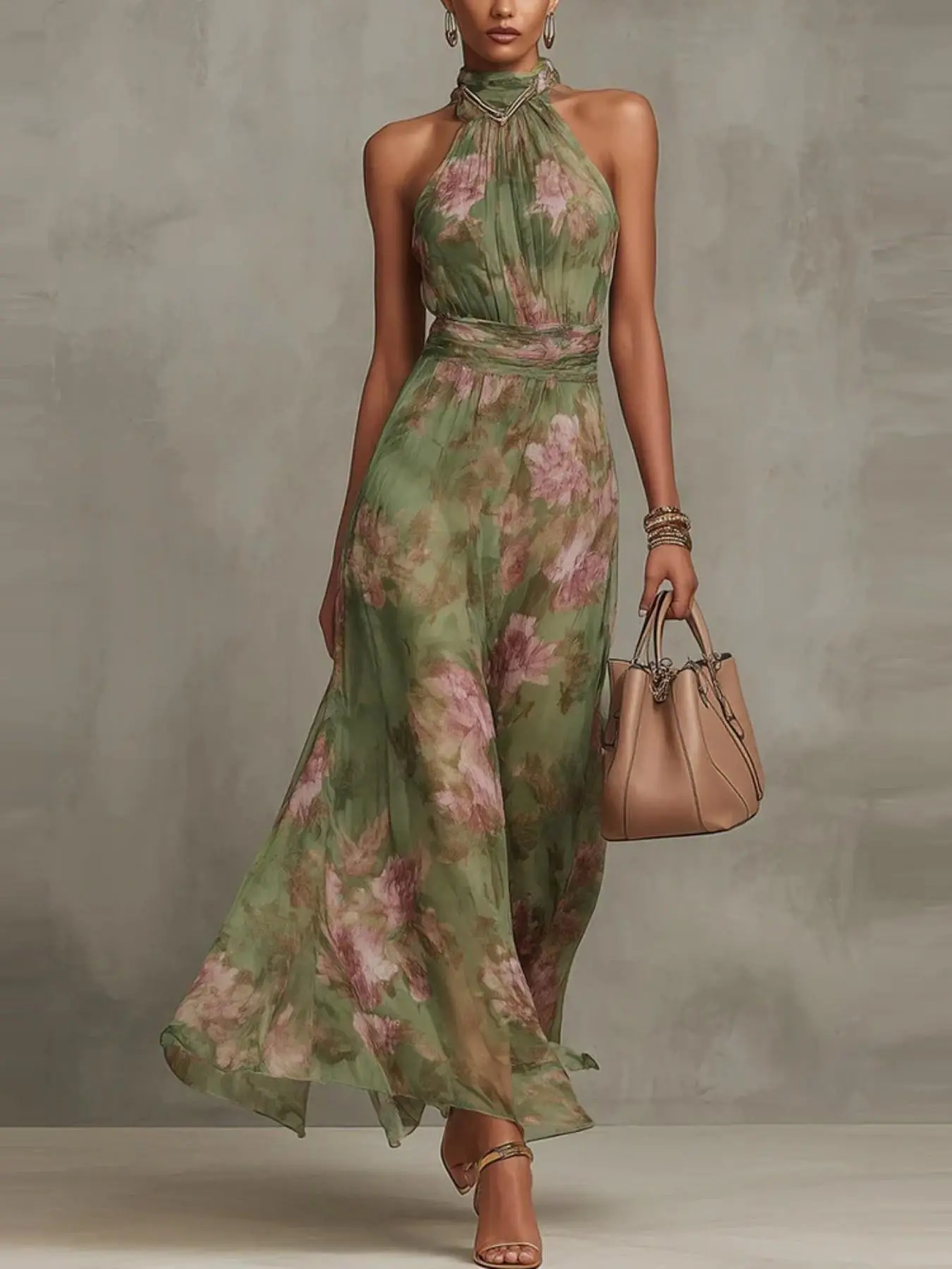 2026 Spring Summer New French Mesh Print Asymmetrical Ruched Sexy Halter Dress, Elegant Vintage Party Gown, Suitable for Office, Casual Outing, Vacation