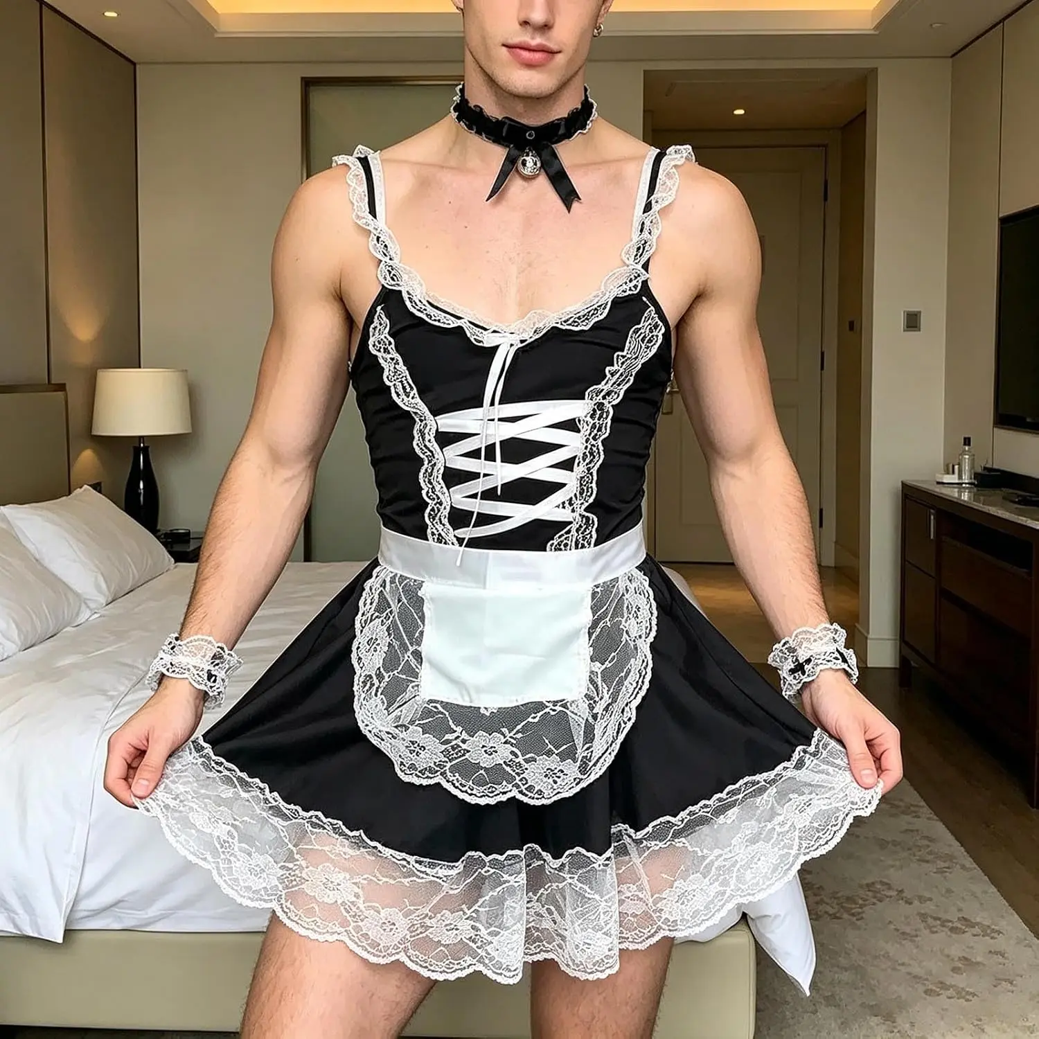Men's Sissy Crossdressing Lingerie Plus Size French Maid Roleplay Costume Cosplay Pajamas Outfits Set