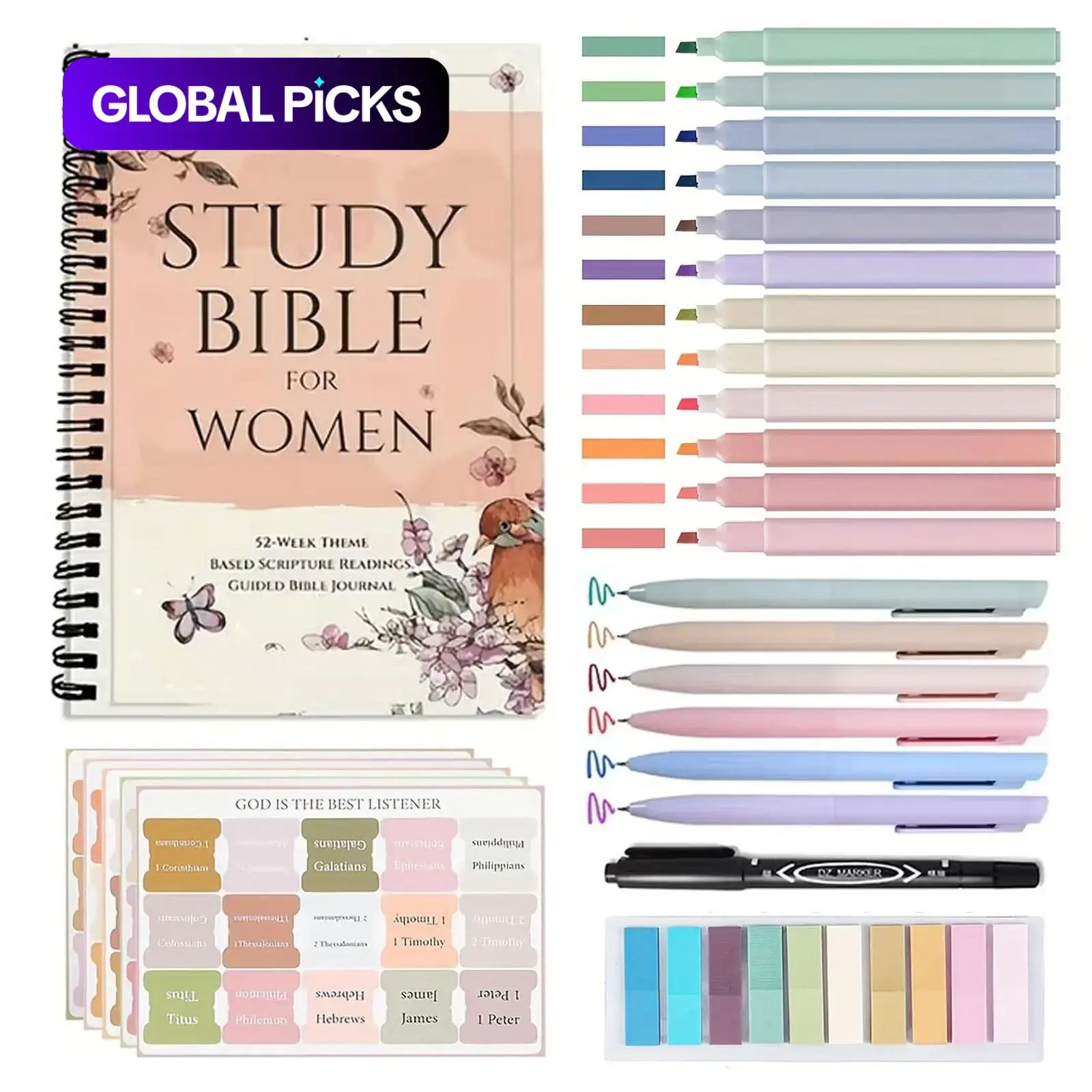 Bible Devotional Gift Set, Spiral-Coil Notebook with Bible Quotes, Guided Bible Study Journal with Pen and Tabs, Religious Gift for Church and Personal Use, Bible Study Supplies