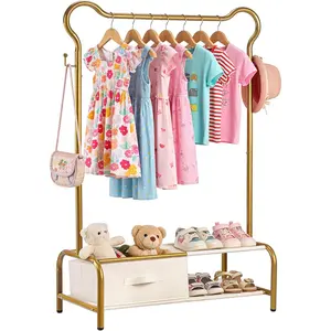 Kids Clothing Rack with Fabric Drawer & 2‑Tier Shelf,Baby Clothes Organizer for Nursery & Bedroom-Baby Clothing Rack for Hanging Clothes(Gold)