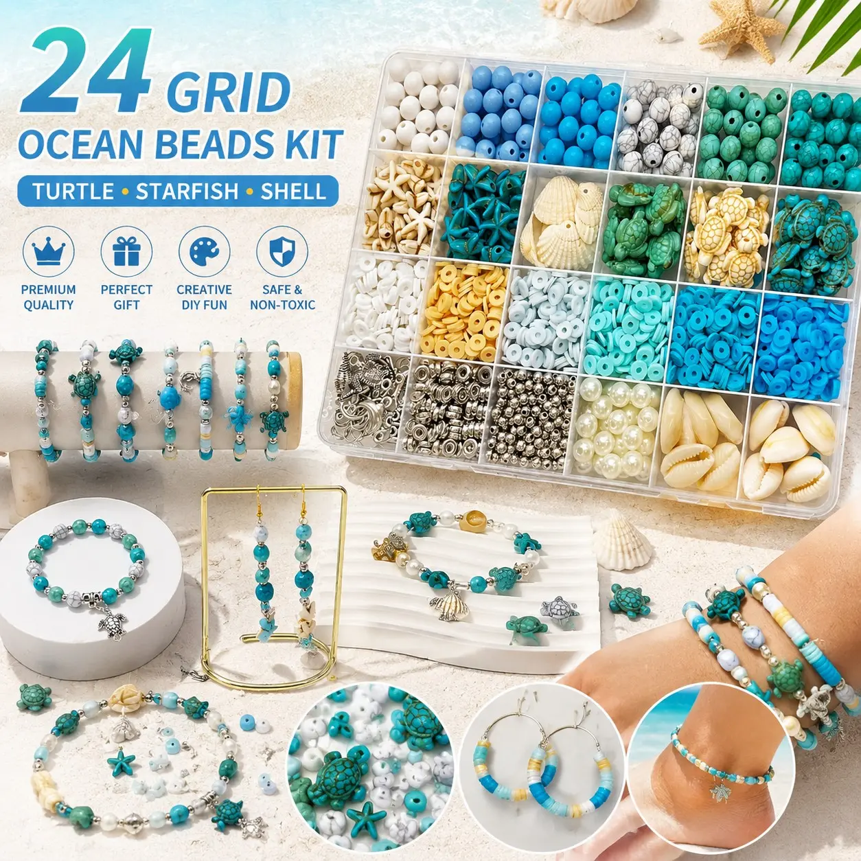 24-Grid Ocean Theme Turtle Starfish Bead Set, DIY Jewelry Making Kit, Creative Craft Supplies, Perfect for Beginners & Enthusiasts