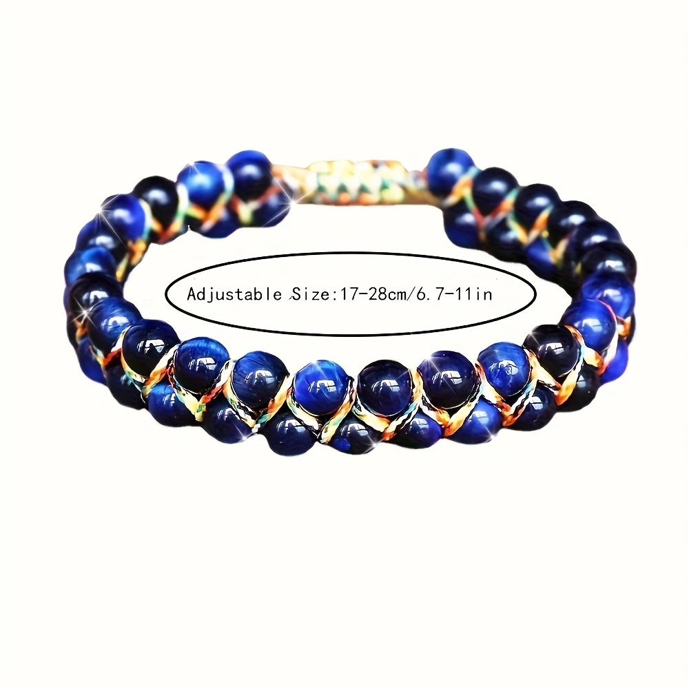 Bohemian style adjustable bracelet - natural cat's eye/tiger's eye beads, navy blue and gold accents, adjustable knot clasp, suitable for daily wear and vacation, women's accessory, July birthstone gift - uncoated natural stone bracelet, tiger's eye beads