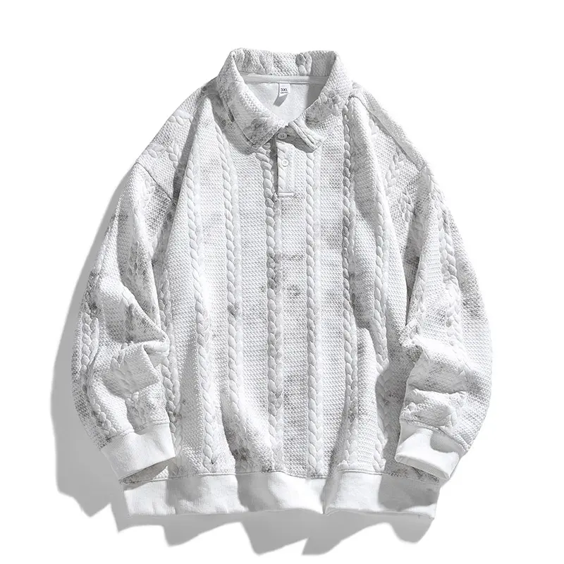 Men's Cable Texture Polo Sweatshirt, Stylish Long Sleeve Tie-Dye Top with a Casual Drop Shoulder Fit for Daily Wear, Tops, Menswear, All Over Print, Cold Wash, Medium Length, Longsleeves, Outdoor
