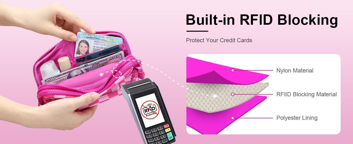 Wristlet wallets for women Nylon Quilted Wallet with 4 Zippers,Travel Credit Card,Holder Cell Phone Organizer, checkered belt bag