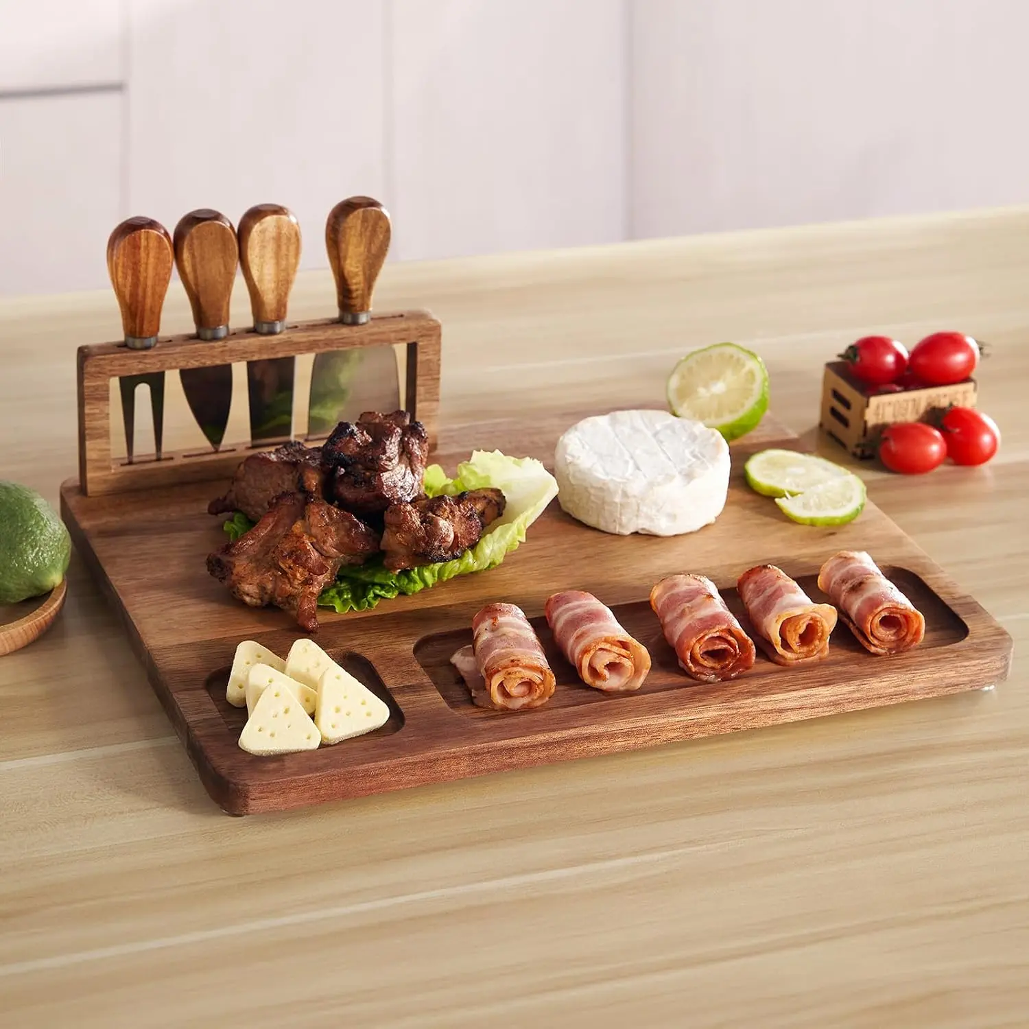 Acacia  Charcuterie Board, Cheese Board Set with   Holder, 14"x 11" Large Serving Tray for Meat, Ideal  for Anniversary, Christmas, Thanksgiving, Wedding, Halloween